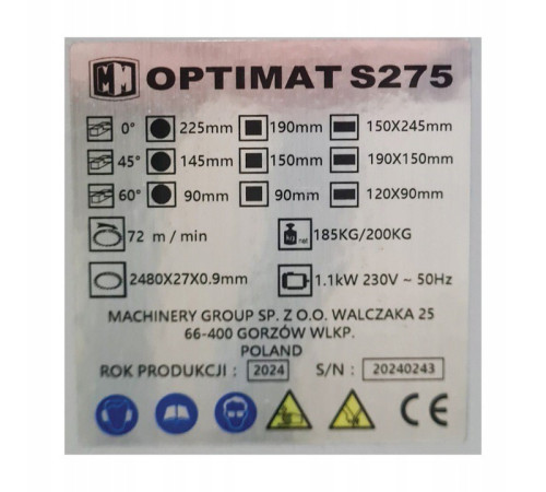 Ленточная пила по металлу OPTIMAT S-275, роликовая подача